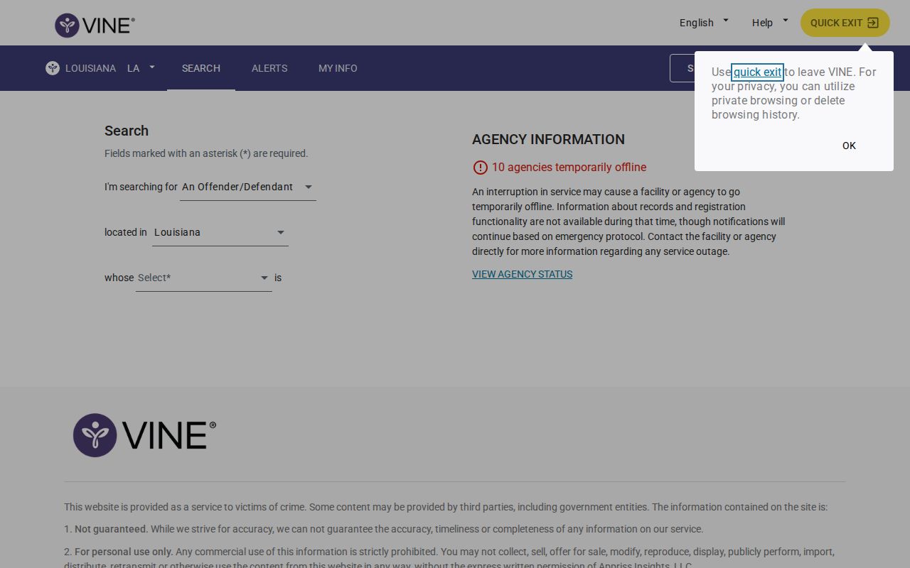 Tangipahoa Parish VINE person search for custody and release records